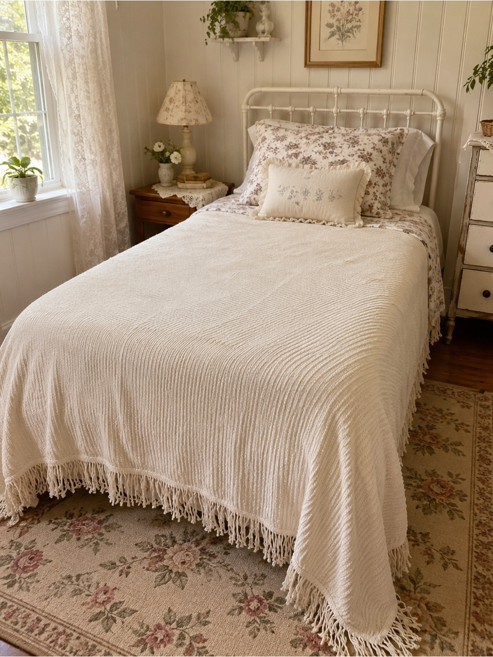 VTG Cotton Cream Textured Ribbed Fringe Bed Coverlet Twin Cottage Shabby Chic - Picture 1 of 10